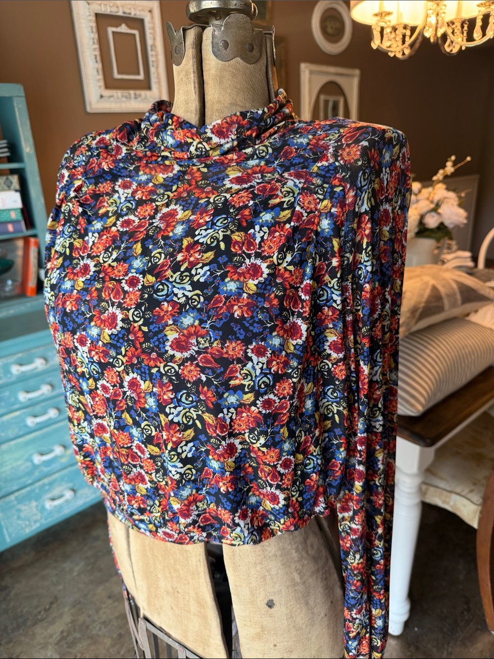 Free People Multi Floral Mock Neck Long Sleeve Top